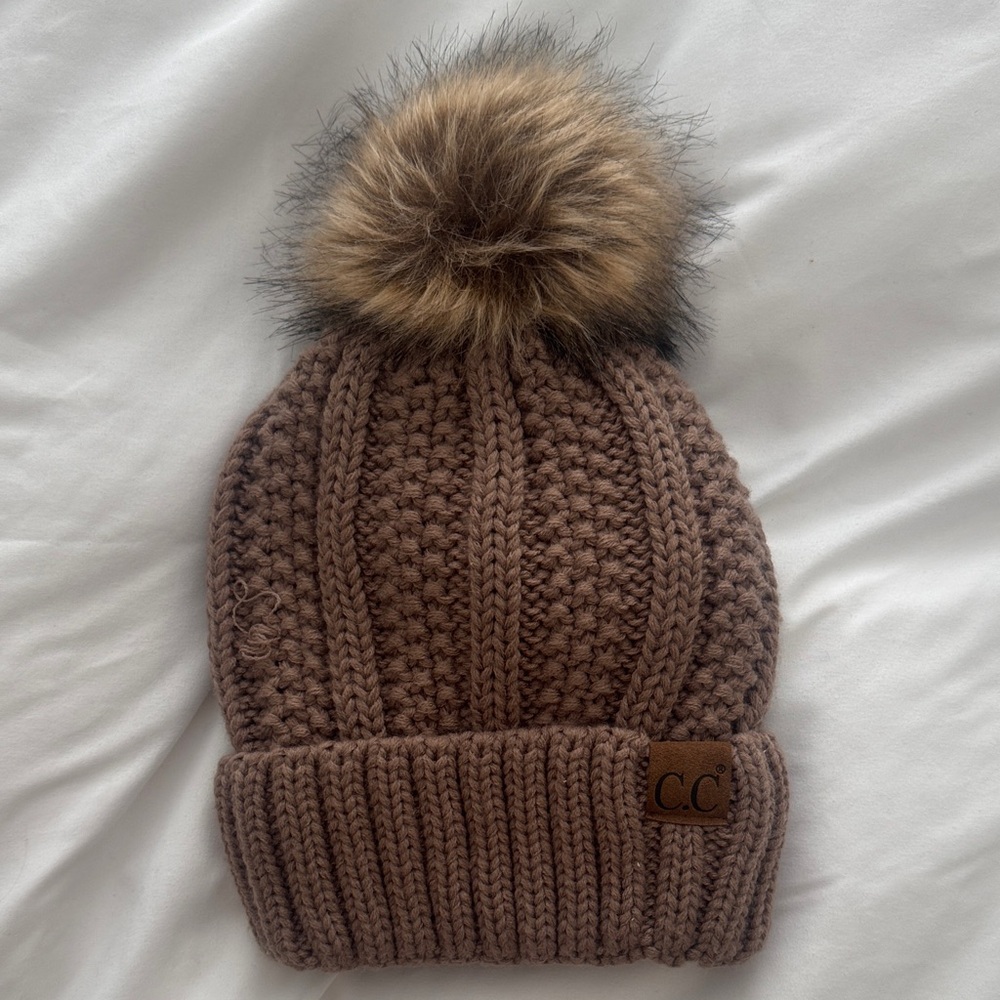 Brown Knit Pom-Pom CC Beanie